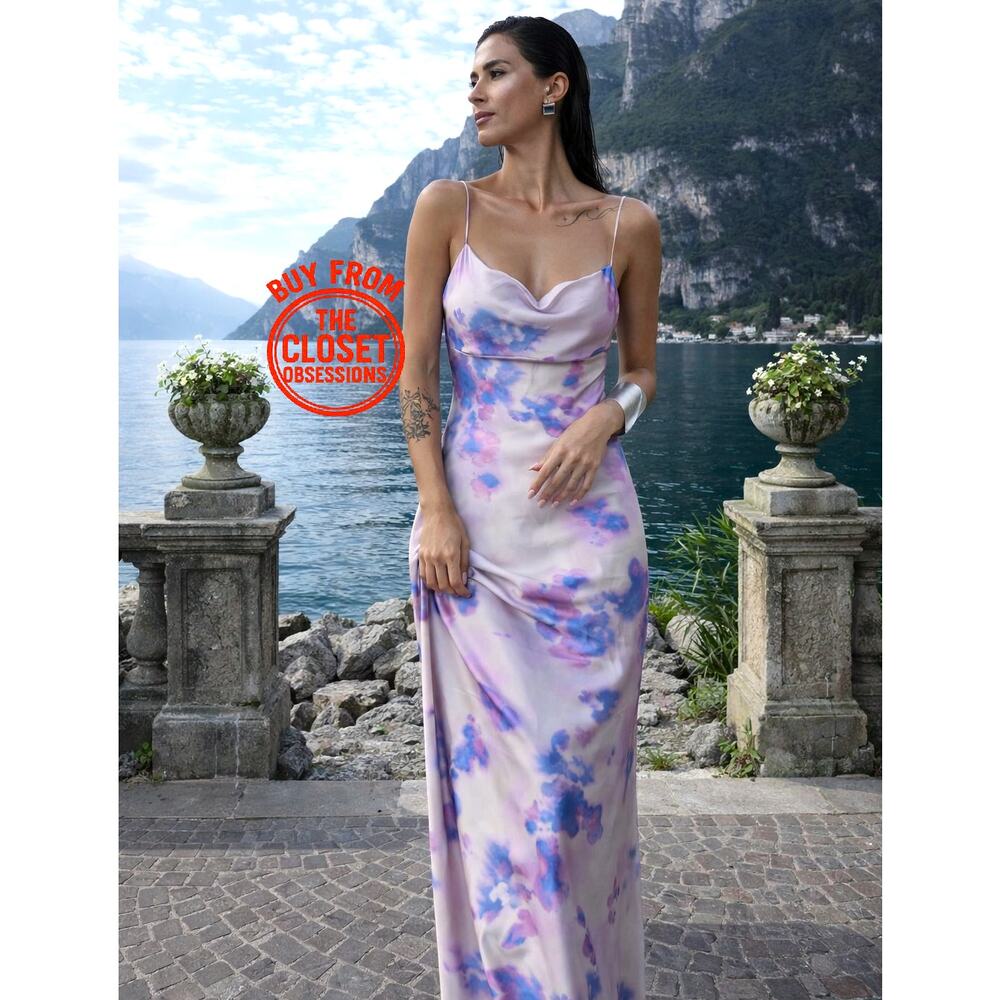 ZARA Watercolor Floral Maxi Dress NWT Cowl Neck Open Back Wedding Guest M L - Picture 3 of 16